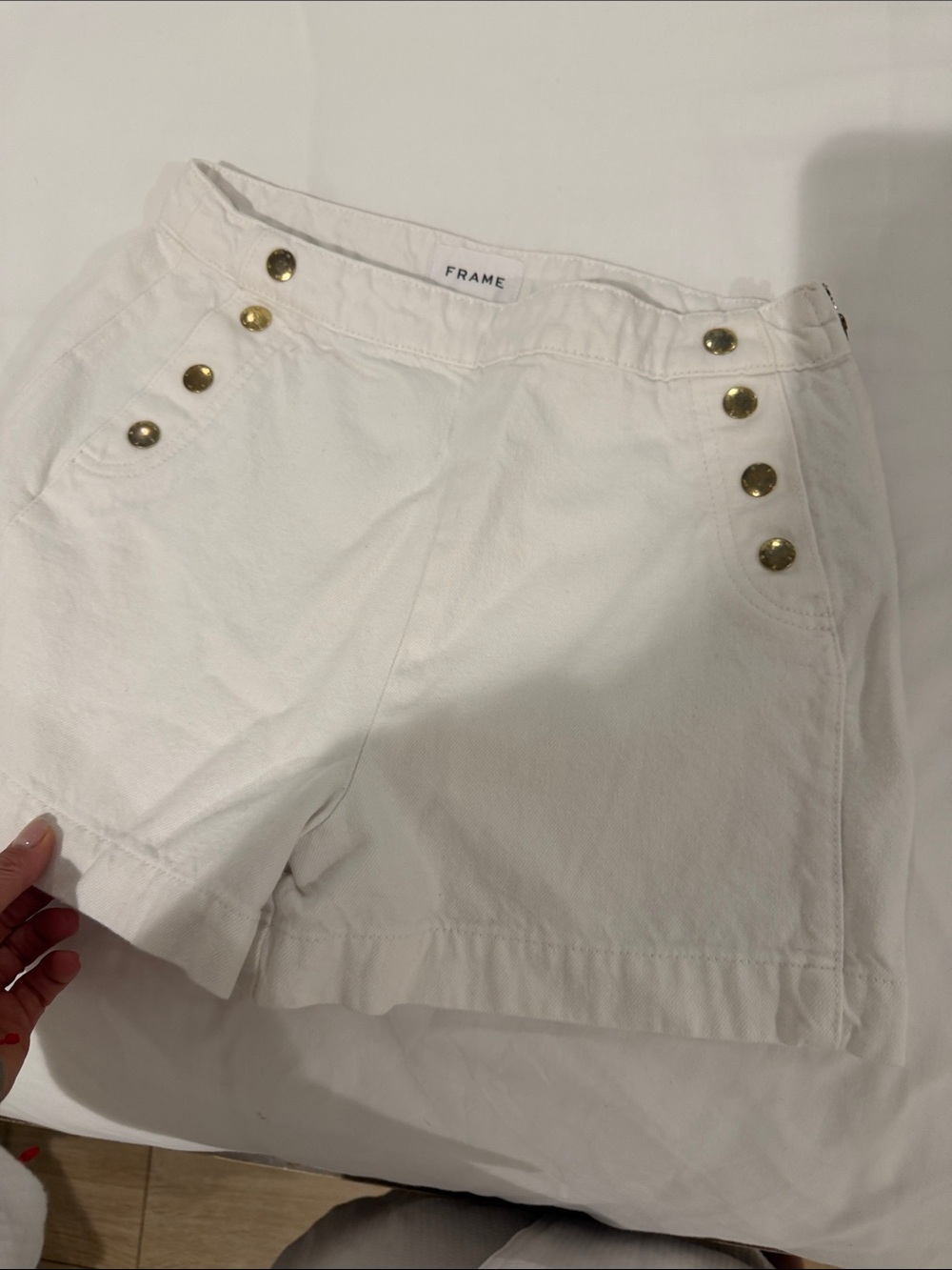 Frame Denim White High-Rise Sailor Shorts with Gold Buttons